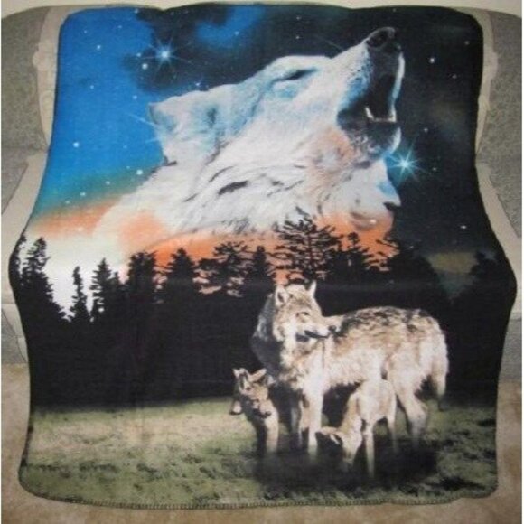 New Starry Sky Howling Wolves Family Wolf Cub Fleece Throw Gift Blanket SOFT NIP - Picture 1 of 3